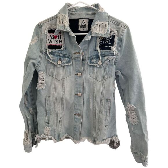UNIF Light Wash Denim Jacket Size M You Wish For Never Retro Punk Princess - Picture 4 of 10